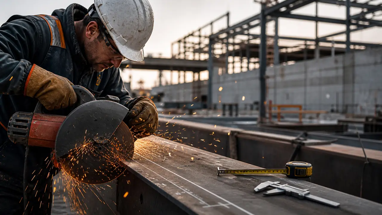 Chantier de construction avec structures en acier et blocs de béton au lever du soleil