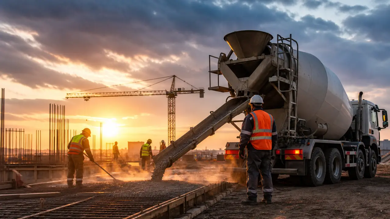 Grand chantier de construction au lever du soleil, avec poutres en acier et blocs de béton au premier plan