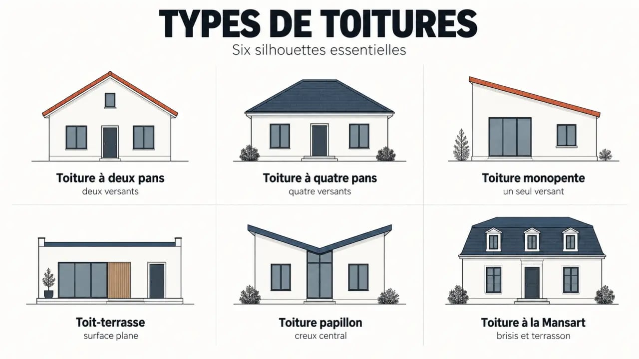 Types de toitures : formes à deux pans, quatre pans, monopente, terrasse, papillon et Mansart