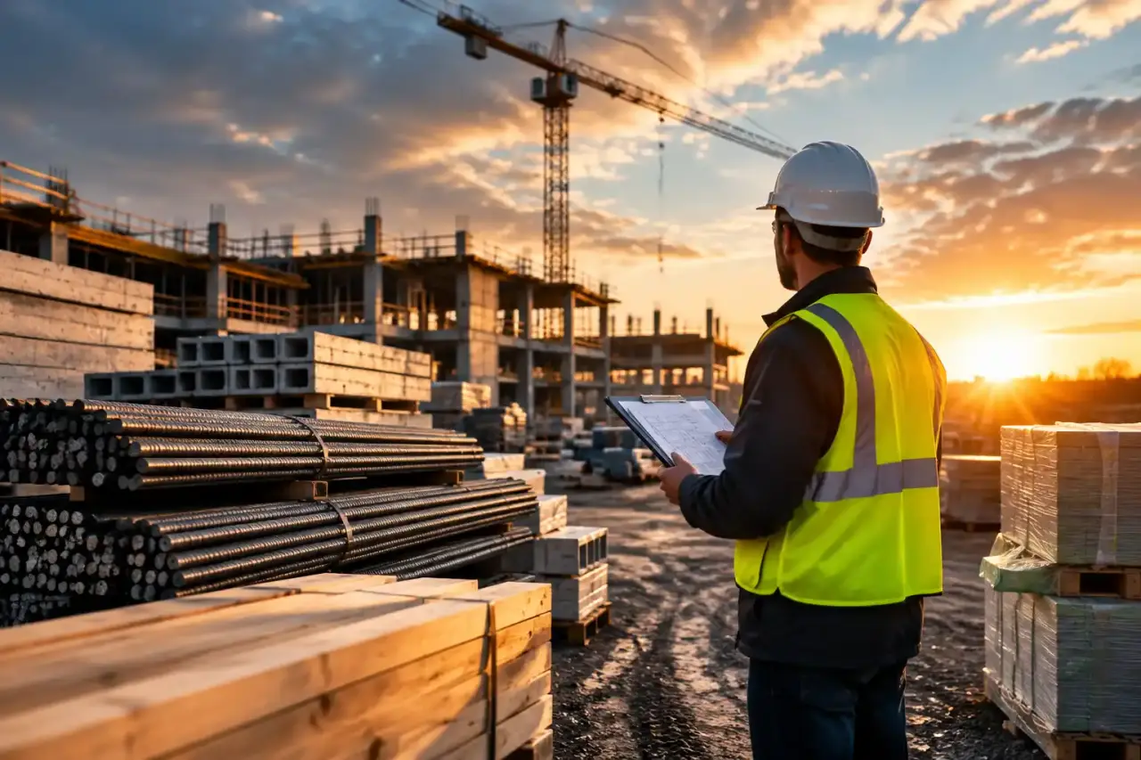 Chantier de gros œuvre avec structures en béton et acier sous un ciel clair