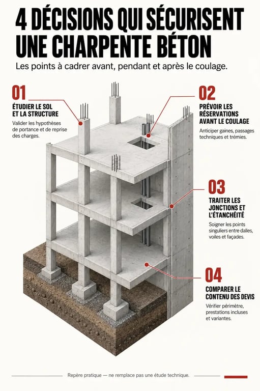 Infographie des quatre décisions pour sécuriser une charpente béton