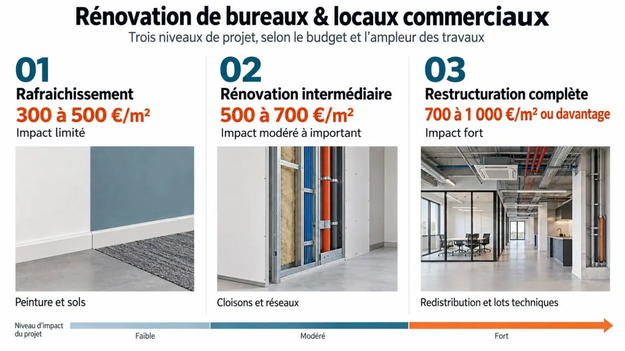 Travaux de rénovation de bureaux et locaux commerciaux : niveaux de projet et budgets indicatifs au mètre carré