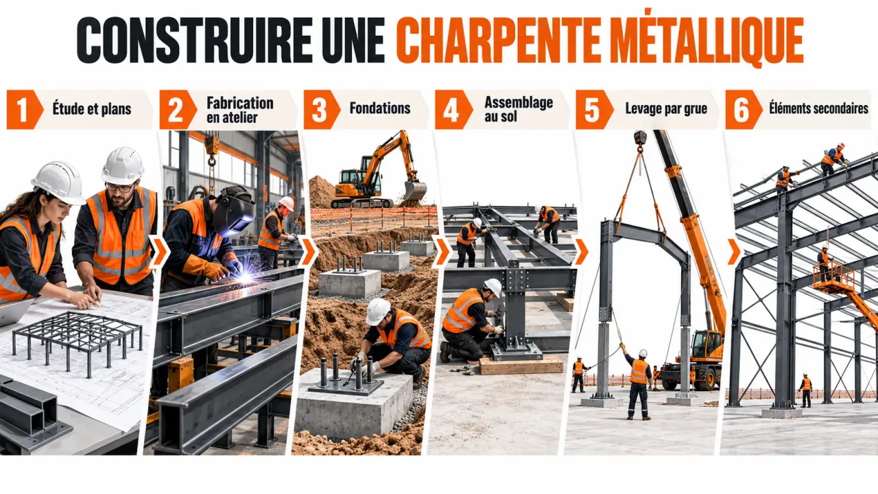 Étapes pour construire une charpente métallique, de la fabrication au levage sur chantier