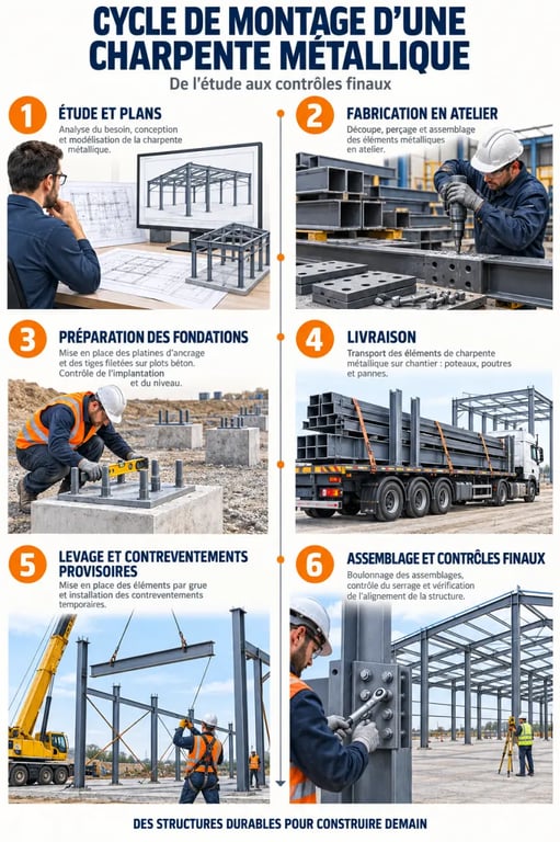 Infographie des étapes du montage d’une charpente métallique, de la fabrication au levage sur chantier