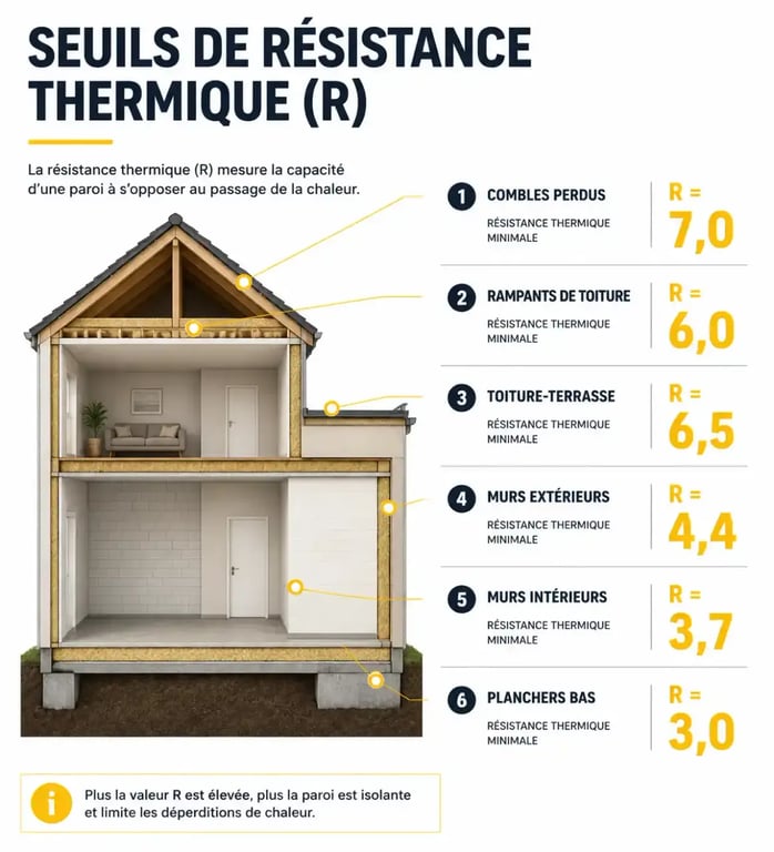 Tableau des normes d'isolation thermique 2025 : seuils de résistance thermique R par paroi pour les travaux de rénovation.