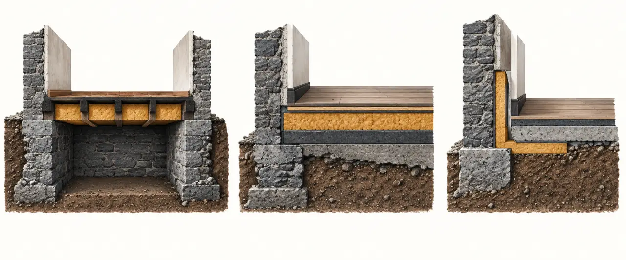 Schéma des méthodes d’isolation du sol d’une maison ancienne par-dessus, par-dessous et en périphérie