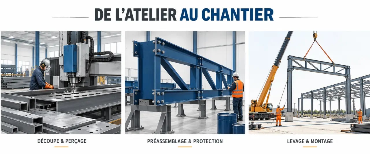 Étapes de fabrication d’une charpente métallique, de l’atelier au montage sur chantier