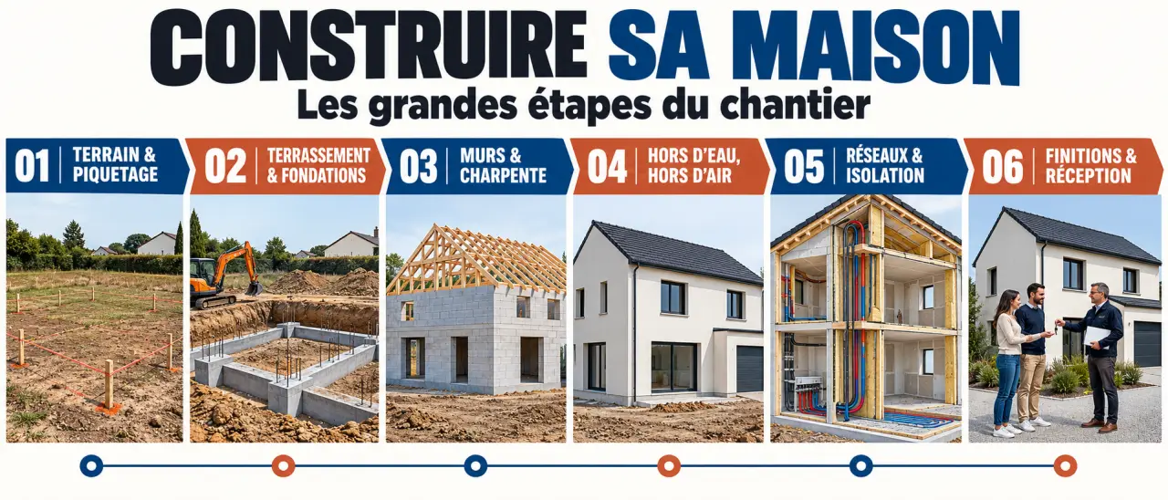 Étapes des travaux de construction d'une maison, du terrain à la réception