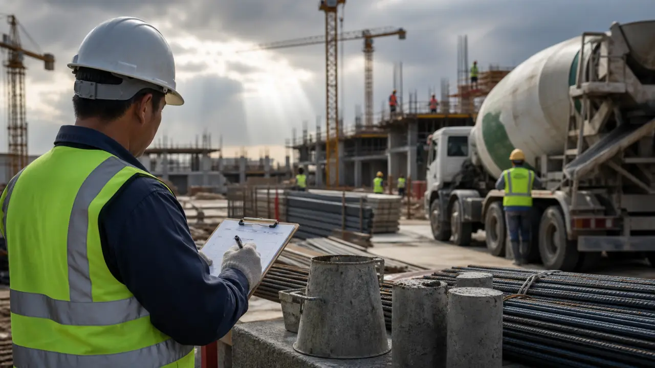Grand chantier de construction au lever du soleil avec poutres acier et blocs de béton au premier plan