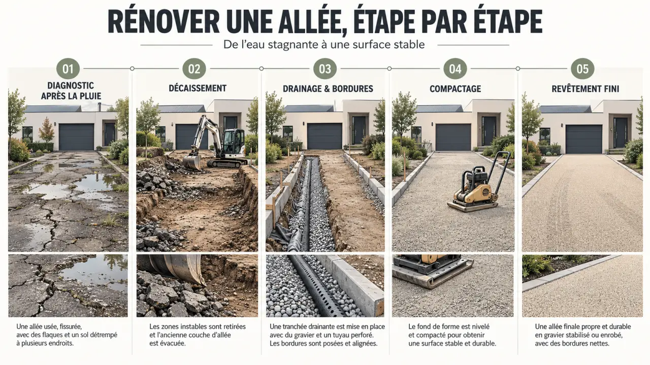 Rénovation allée maison : étapes du diagnostic à la pose du revêtement