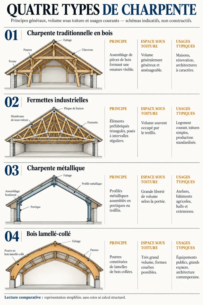 Infographie sur les principaux types de charpente et leurs usages