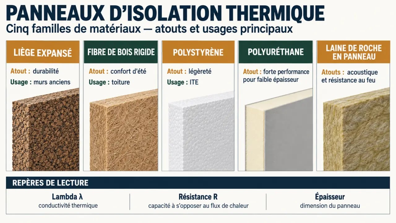 Infographie sur les panneaux d’isolation thermique et les principaux matériaux isolants