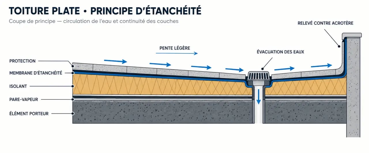 Schéma simplifié d'une toiture plate étanchéité avec couches, relevé et évacuation des eaux