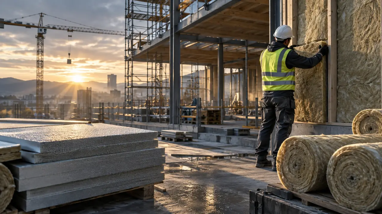 Matériaux isolants stockés sur un chantier de construction