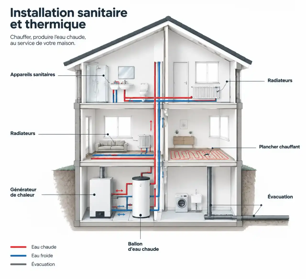 Schéma simplifié d'une installation sanitaire et thermique : générateur, réseau, émetteurs et appareils sanitaires