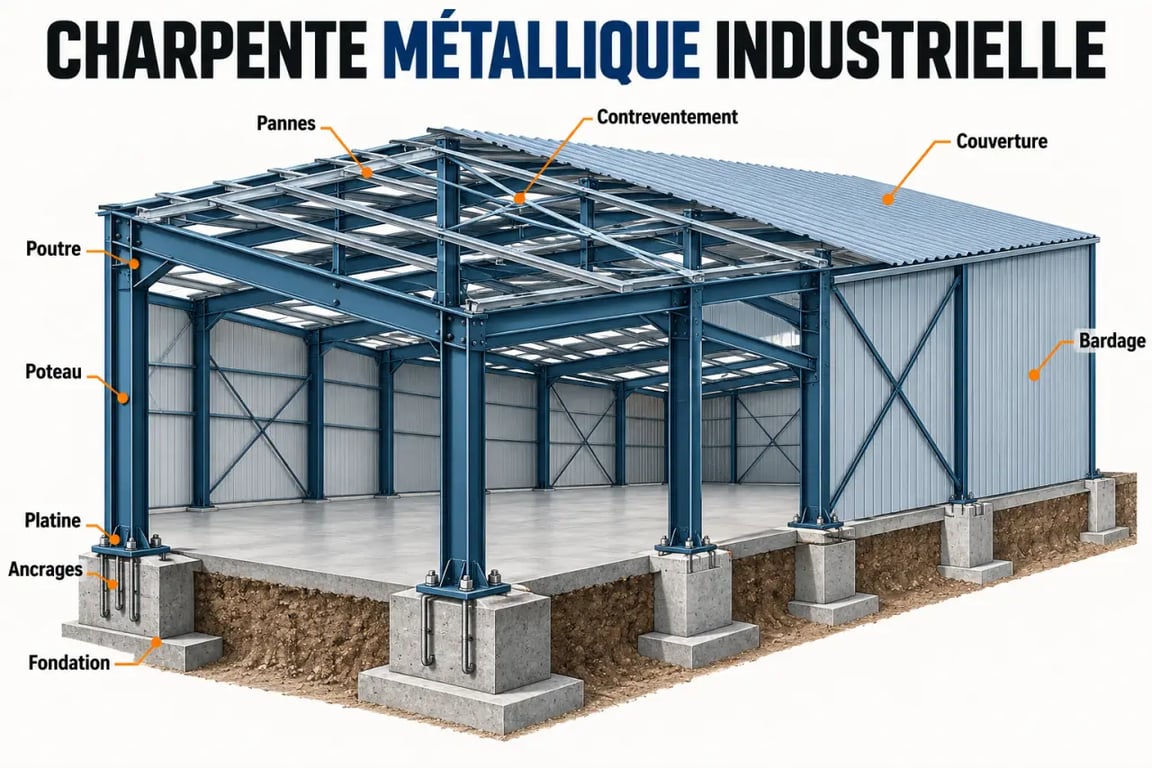 Schéma simplifié d’une charpente industrielle métallique et de ses principaux éléments