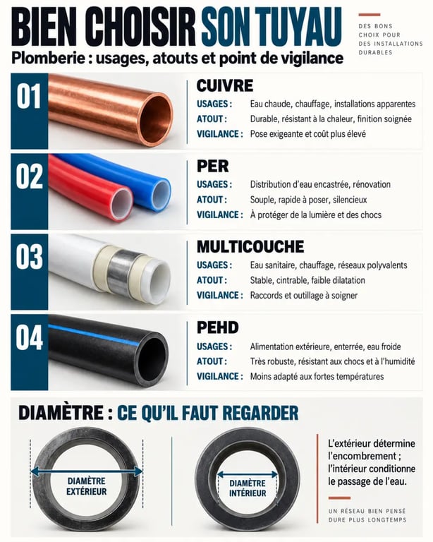 Infographie comparative des matériaux et diamètres d’un tuyau de plomberie