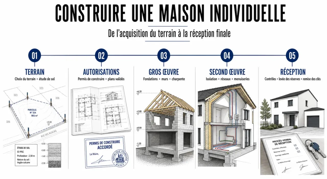 Construction maison etape illustrée en frise chronologique des phases du terrain à la réception