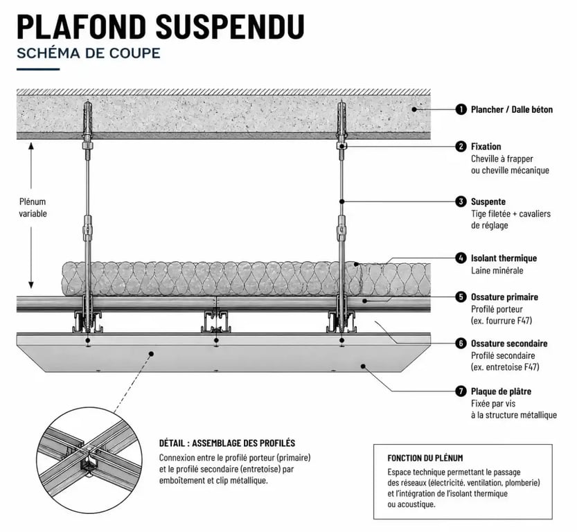 Schéma technique d'une pose d'isolation plafond suspendu