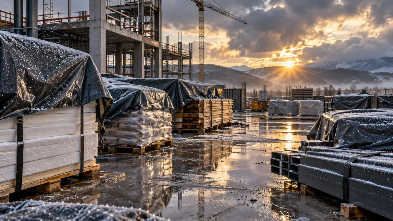 Matériaux de construction stockés sur un chantier face à des conditions météorologiques changeantes