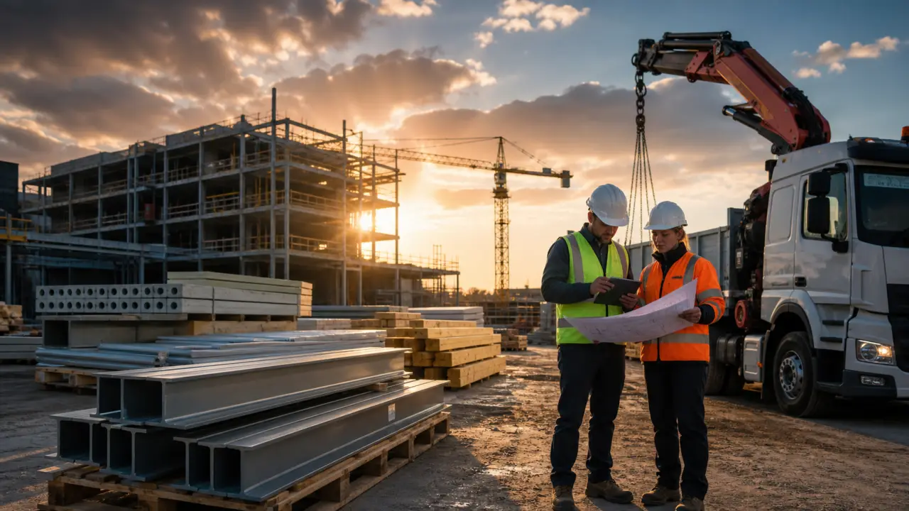 Grand chantier de construction au lever du soleil avec poutres en acier et blocs de béton au premier plan