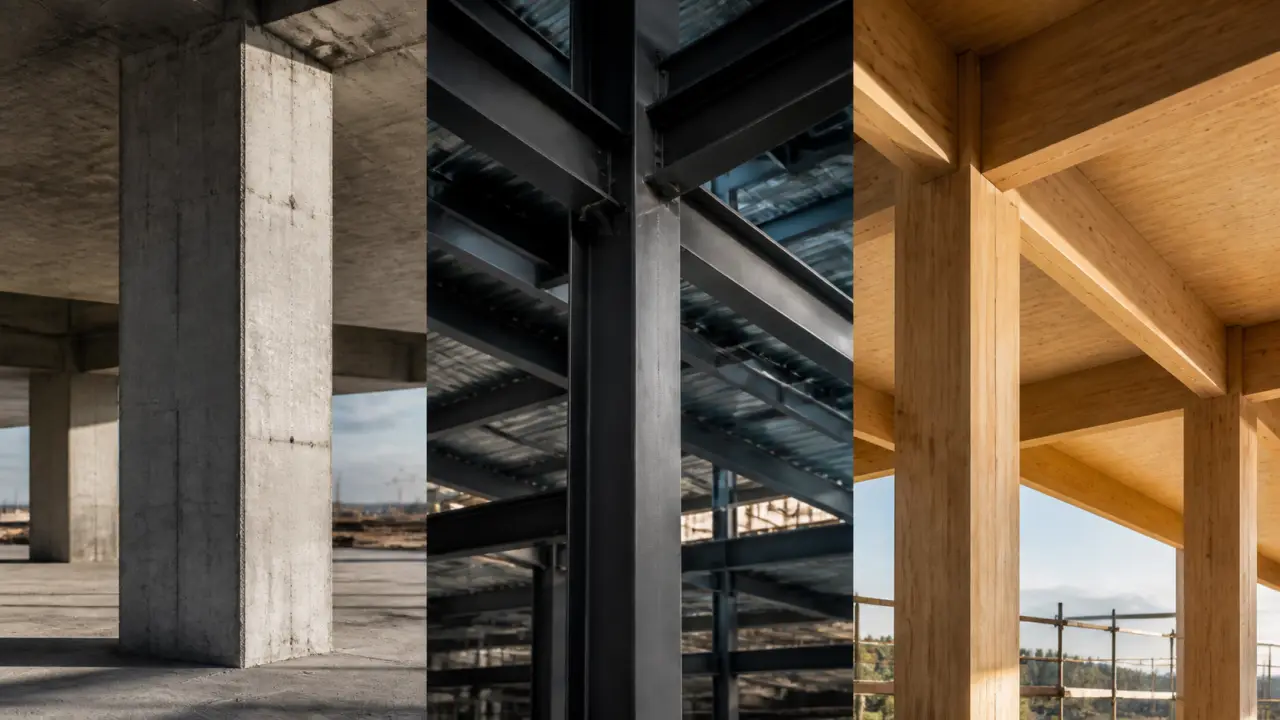 Chantier de construction avec béton, acier et bois en comparaison