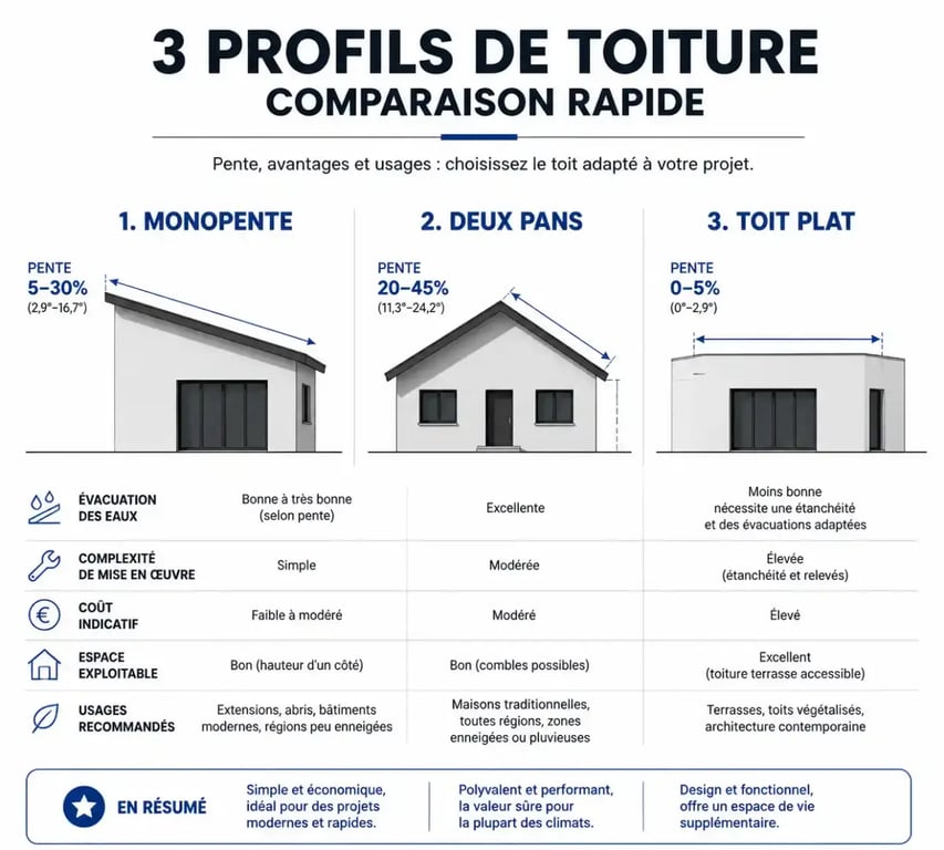 Comparatif visuel entre toiture monopente, toiture à deux pans et toit plat.