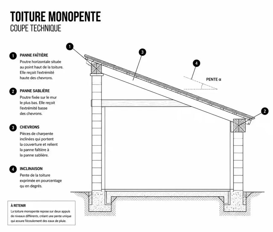 Schéma technique d'une toiture monopente avec ses composants structurels.