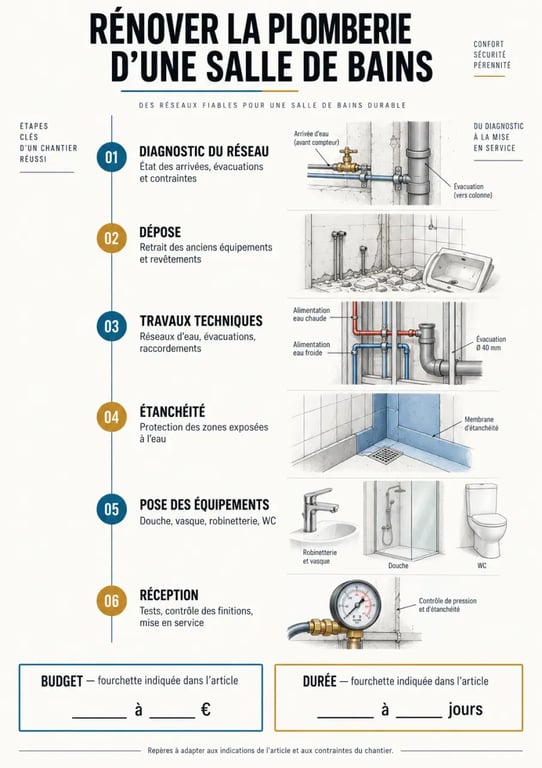 Infographie sur la rénovation de plomberie d'une salle de bains avec étapes, budget et délais