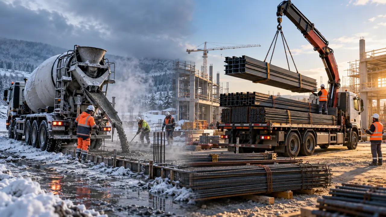 Poutres en acier et éléments en béton sur un chantier de construction au lever du soleil