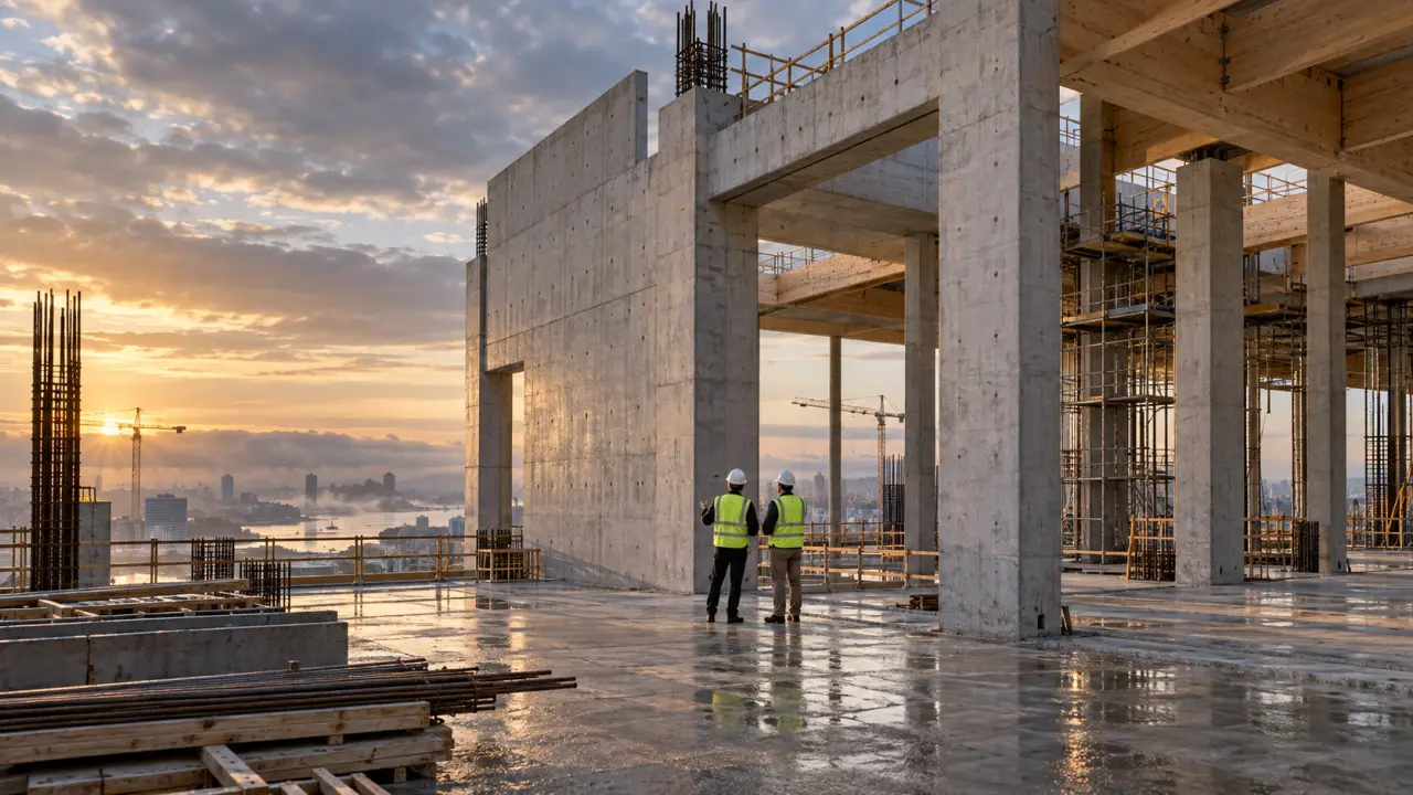 Chantier de construction avec éléments en béton et poutres en acier au lever du soleil