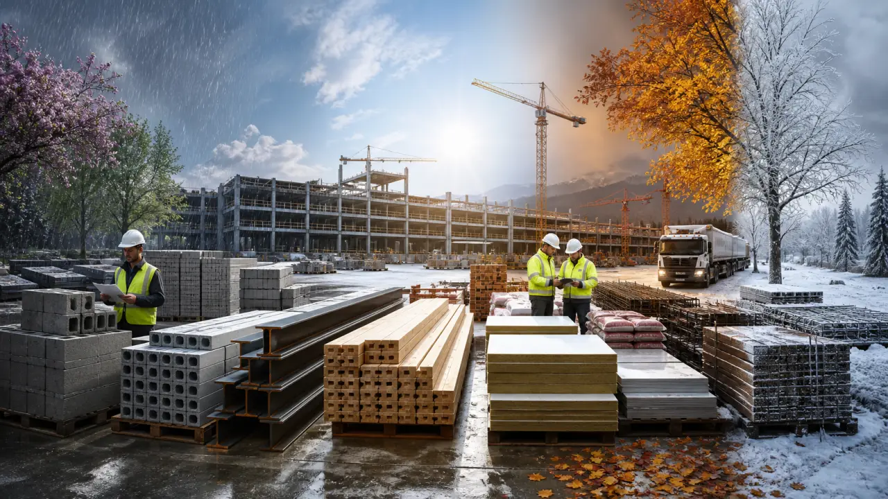 Grand chantier de construction au lever du soleil avec acier et béton au premier plan