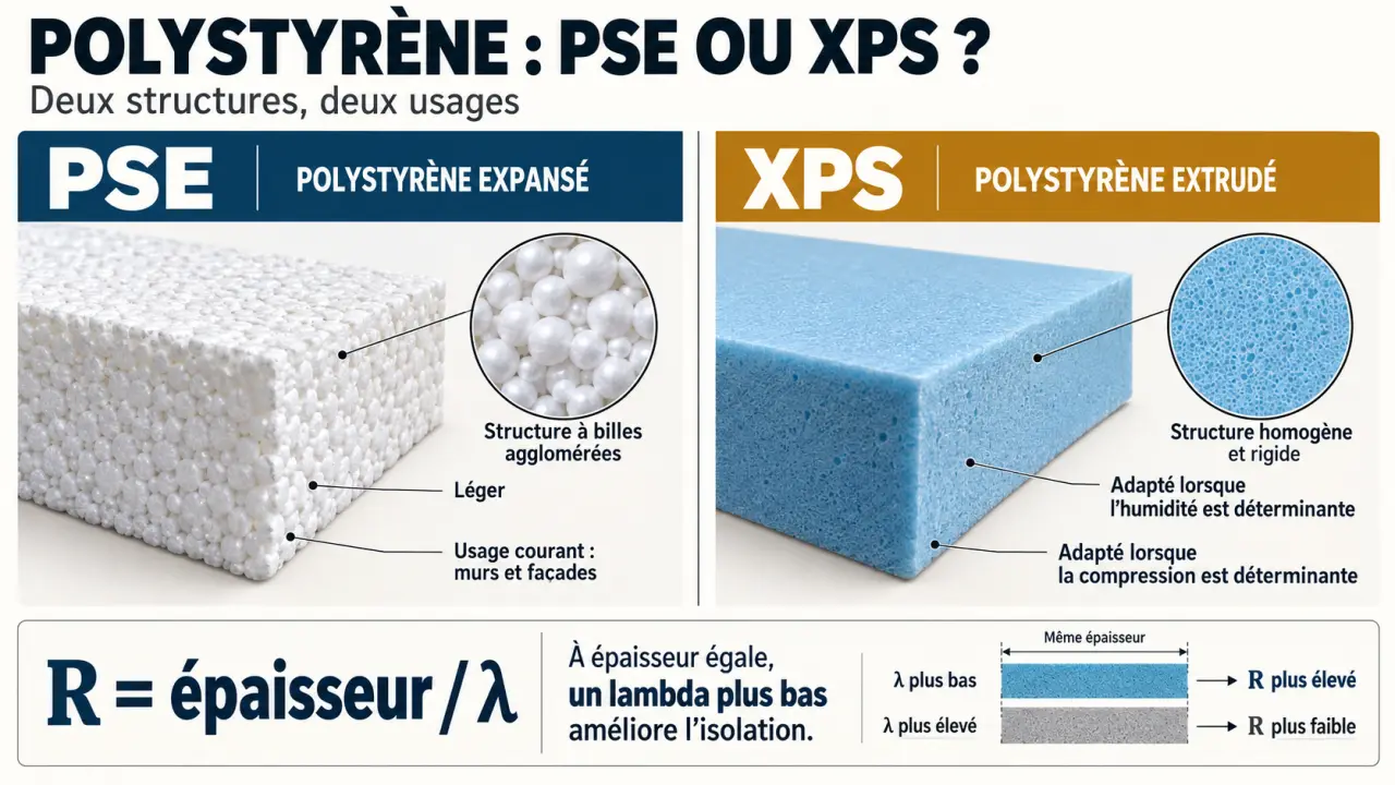 Infographie comparative sur l’isolant polystyrène PSE et XPS selon les usages et la résistance thermique
