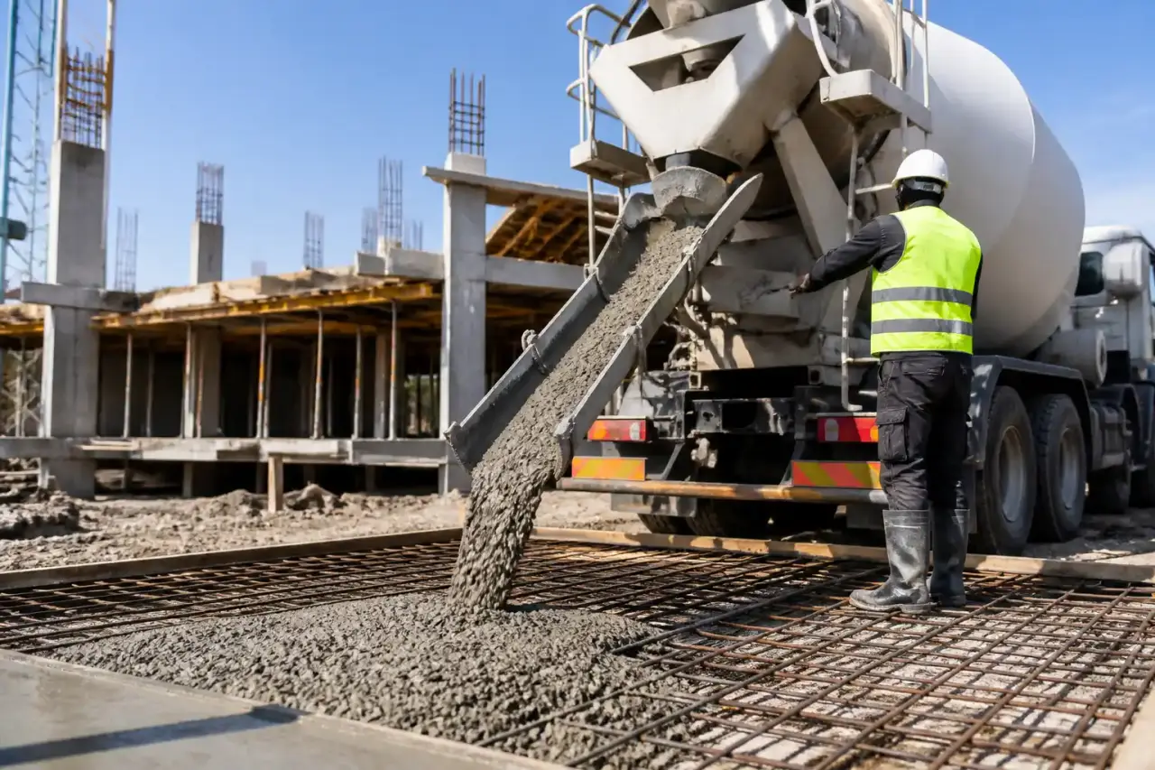 Camion toupie livrant du béton prêt à l’emploi sur un chantier professionnel