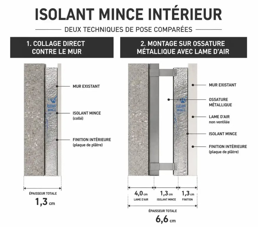 Schéma isolation fine mur comparant pose collée et pose sur ossature métallique