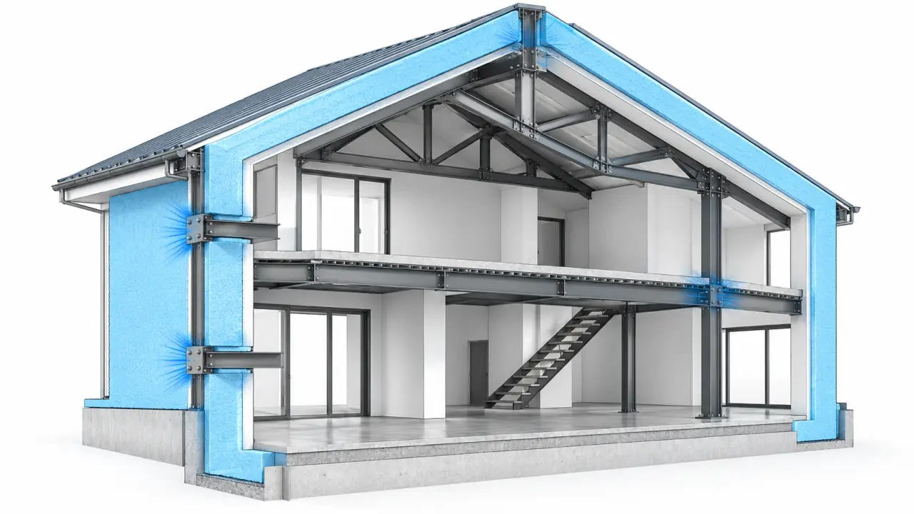 Charpente métallique maison montrant la structure en acier et la continuité de l’isolation