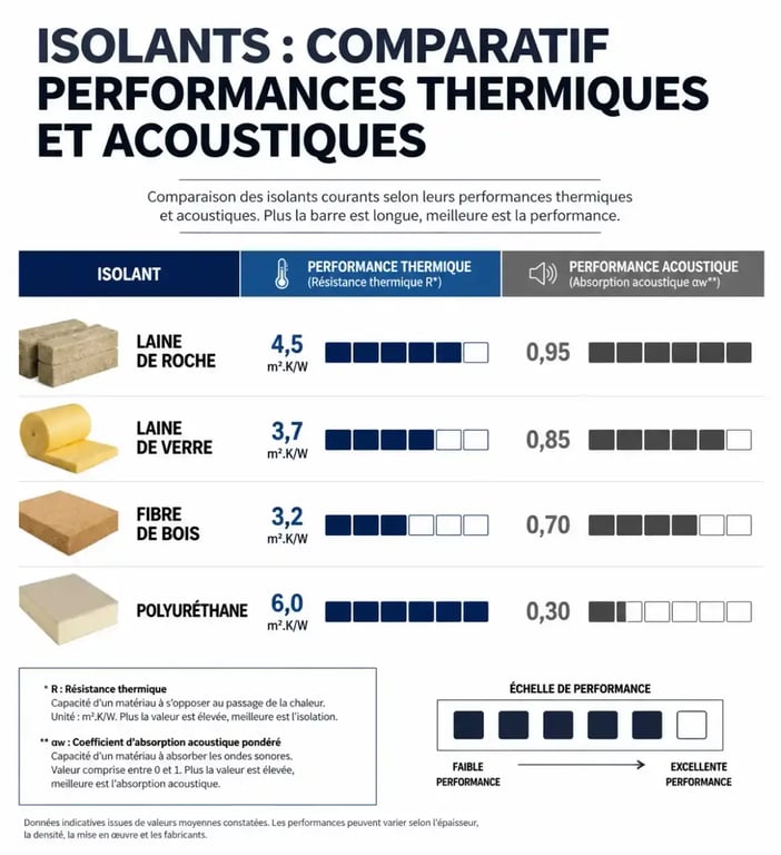 Tableau comparatif des isolants pour isolation plafond : performances thermiques et acoustiques