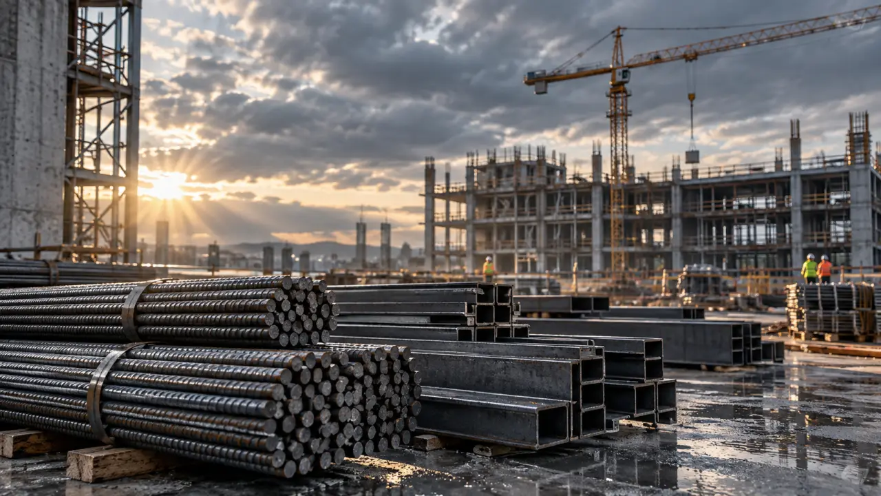 Poutres en acier sur un chantier de construction au lever du soleil