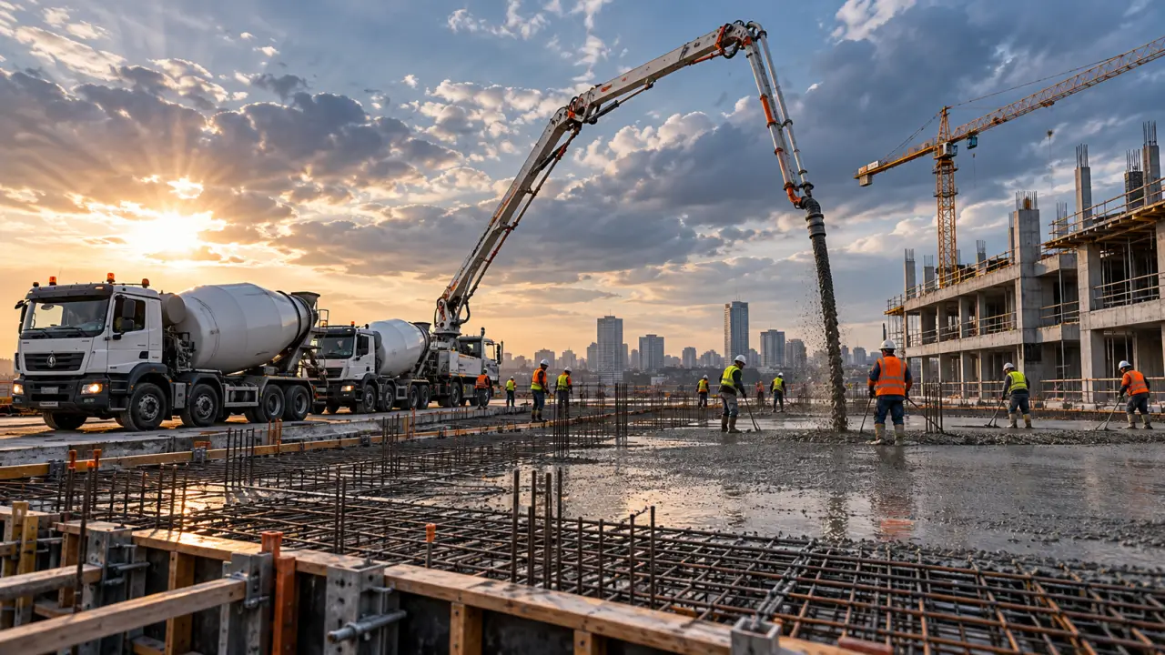 Livraison de béton prêt à l'emploi sur un chantier de construction