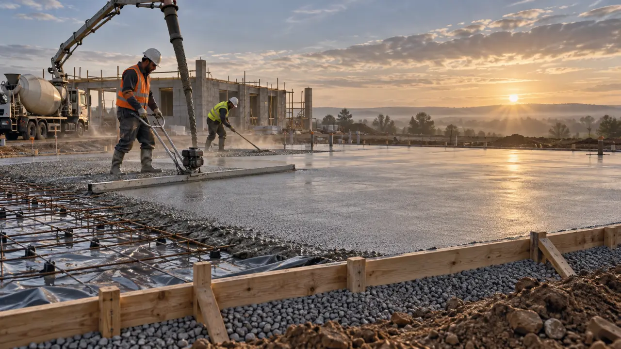 Coulage d'une dalle béton sur terre-plein sur un chantier de construction